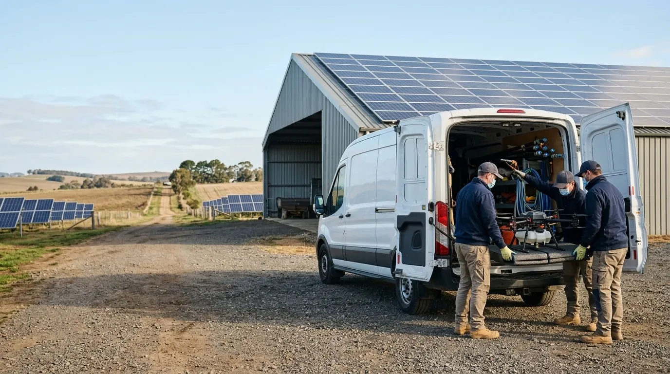 Équipe de nettoyage de panneaux solaires déchargeant son matériel devant un hangar
