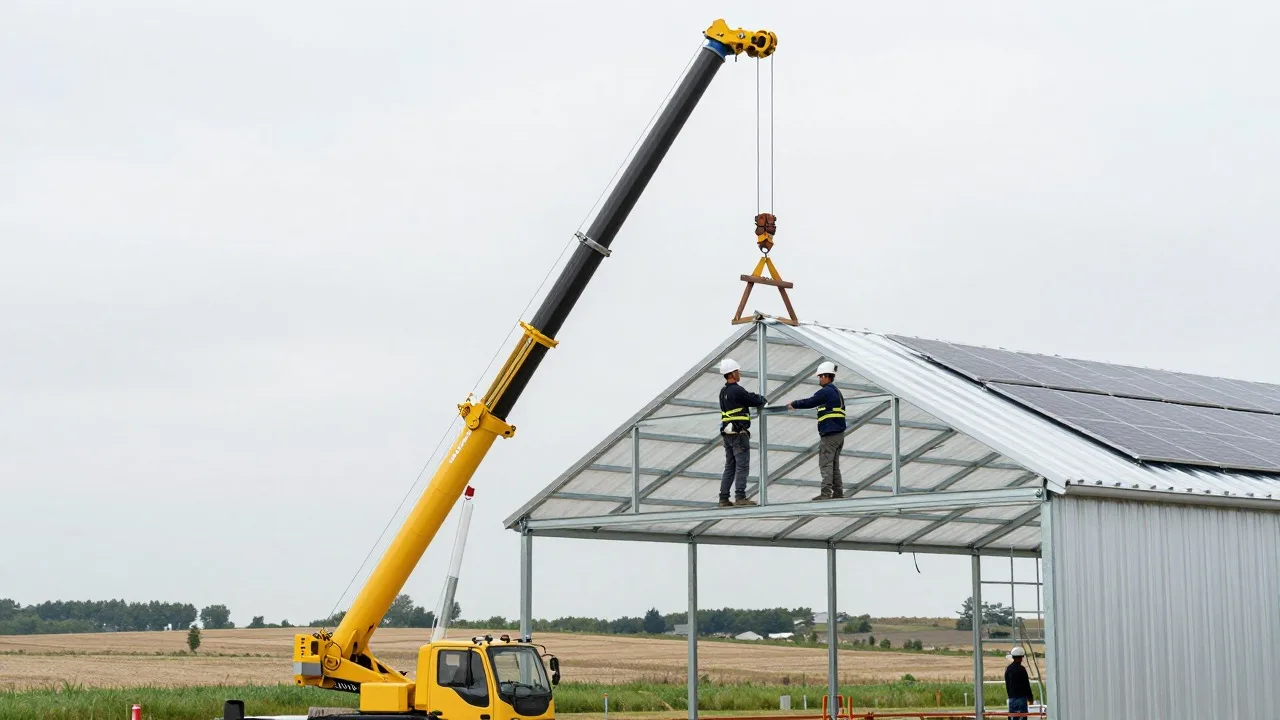 Chantier de construction d’un hangar agricole à charpente métallique, grue levant une panne de toiture, premiers modules posés