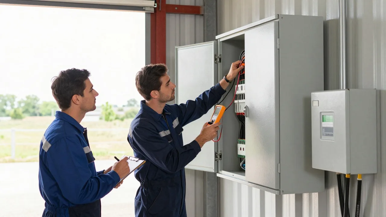 Deux techniciens contrôlant au multimètre le coffret électrique d’une installation photovoltaïque dans un hangar