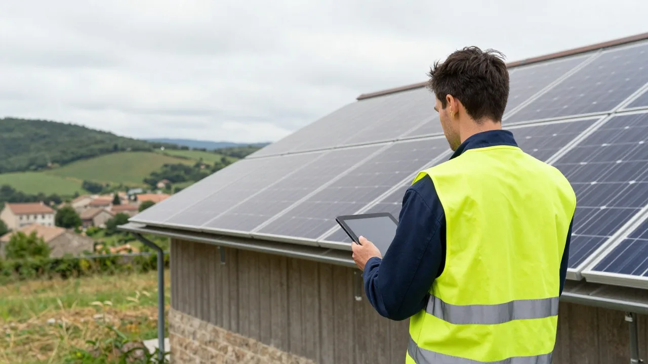 Technicien en gilet haute visibilité contrôlant avec une tablette la toiture photovoltaïque d’un hangar agricole