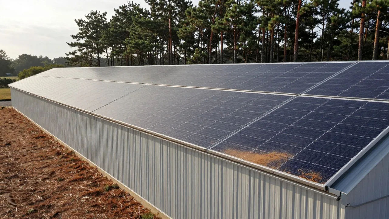 Bâtiments agricoles couverts de panneaux solaires en lisière de forêt de pins, aiguilles et poussière sur le bas des modules