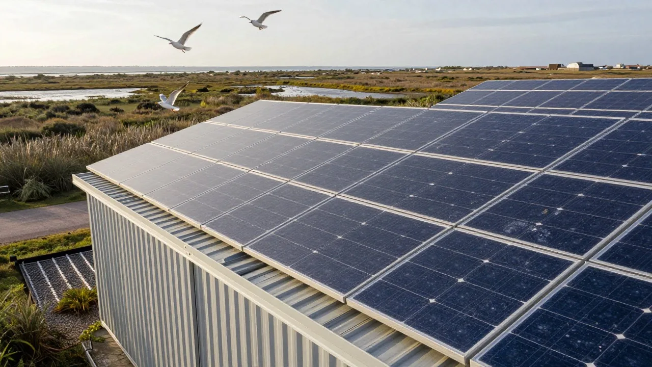 Panneaux solaires d’un bâtiment agricole près de marais littoraux, voile de dépôts sur le verre