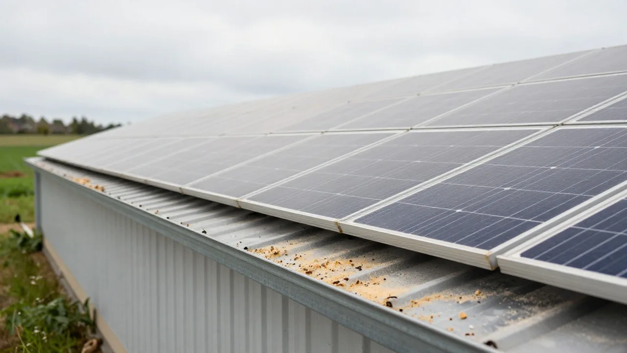 Toiture photovoltaïque d’un bâtiment d’élevage avec de la poussière accumulée en bas de pente