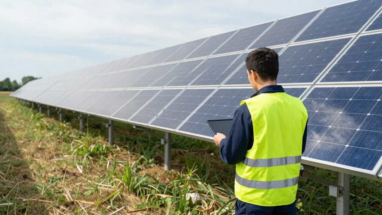 Technicien en gilet haute visibilité inspectant une rangée de panneaux d’une centrale solaire au sol avec une tablette